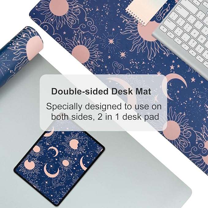 Colorful Star Starry Sky Large Mouse Pad, Celestial Moon and Sun Extended Gaming Mouse Pad Non-Slip Desk Mat, Leather Blue Keyboard Mat for Desktop Gaming Mousepad Accessories 31.5"x15.7"