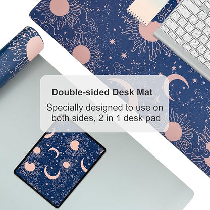 Colorful Star Starry Sky Large Mouse Pad, Celestial Moon and Sun Extended Gaming Mouse Pad Non-Slip Desk Mat, Leather Blue Keyboard Mat for Desktop Gaming Mousepad Accessories 31.5"x15.7"