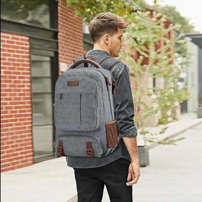 Tzowla Canvas Laptop Backpack, Bag for Men Women,Travel Work Rucksack Fits 15.6 Inch Laptop, Large Capacity Bookbag(Light Grey)