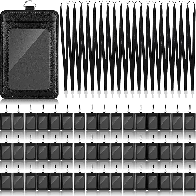 Ireer 48 Pcs ID Badge Holder with Lanyard, PU Leather Card Holder Vertical with Clear ID Access Card Window, Slot for Office Work, School Student, Black