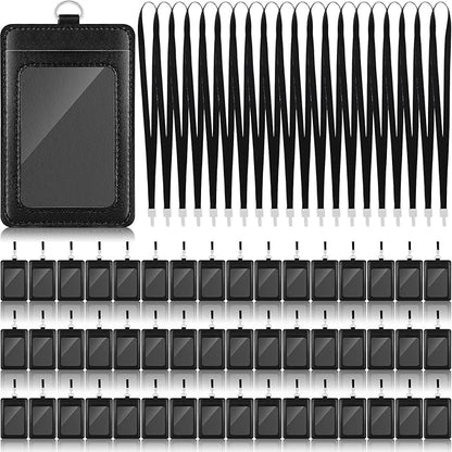 Ireer 48 Pcs ID Badge Holder with Lanyard, PU Leather Card Holder Vertical with Clear ID Access Card Window, Slot for Office Work, School Student, Black