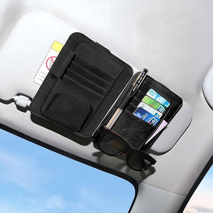 2Pcs Car Sun Visor Organizer, Slim Leather Sunglass Holder for Car, Auto Document Holder for Card, Sunglasses, Insurance, Registration, Pen, Receipt (Black)