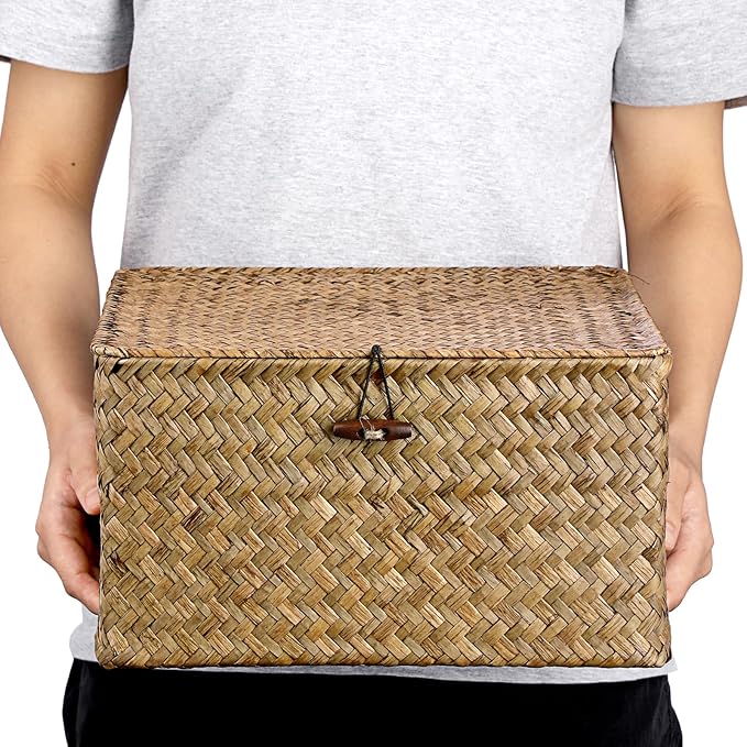 Hipiwe Handwoven Storage Box with Lid Seagrass Wicker Shelf Basket Bin Household Organizer for Bookshelf Living Room Bath Room, Coffee, X-Large
