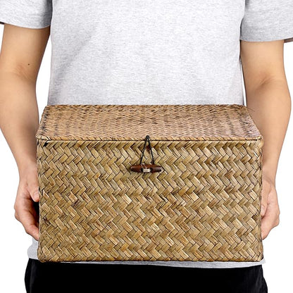 Hipiwe Handwoven Storage Box with Lid Seagrass Wicker Shelf Basket Bin Household Organizer for Bookshelf Living Room Bath Room, Coffee, X-Large