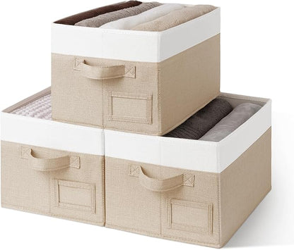 GRANNY SAYS Shelf Storage Baskets, Fabric Storage Bins for Clothes, Closet Storage Boxes with Handles, Collapsible Storage Containers for Bedroom and Living Room, Khaki&Ivory, Medium, 3-Pack