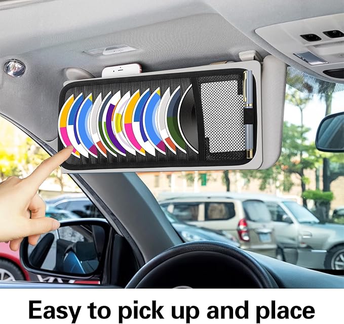 TIESOME CD Visor Holder for Car, Visor CD Holder Organizer Large Capacity CD Visor Case Car Sun Visor Organizer with 12 DVD Storage Sleeves 1 Mesh Pocket 1 Pen Holder and Elastic Strap(Black)