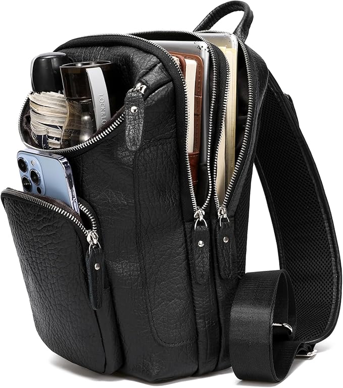 LANNSYNE Vintage Full Grain Leather Sling Bag Crossbody Chest Daypack | Vintage, Full Grain, Leather, Chest