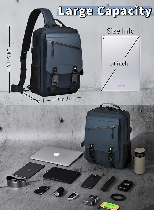 BASICPOWER Laptop Sling Bag for Men Women, Sling Backpack Crossbody Bag Fits 14 inch Computer with USB Port Anti-theft