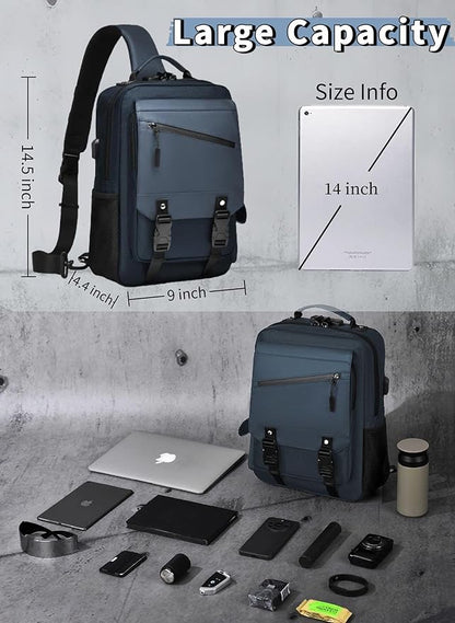 BASICPOWER Laptop Sling Bag for Men Women, Sling Backpack Crossbody Bag Fits 14 inch Computer with USB Port Anti-theft