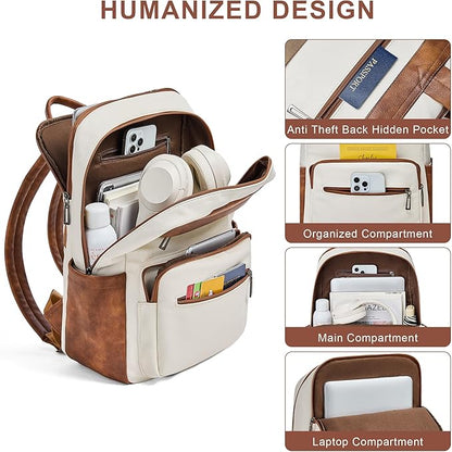 Leather Laptop Backpack for Women 15.6 Inch Laptop Travel Backpack Purse Casual Daypack with Laptop Compartment for College Work Nurse Business Weekender, Beige Brown
