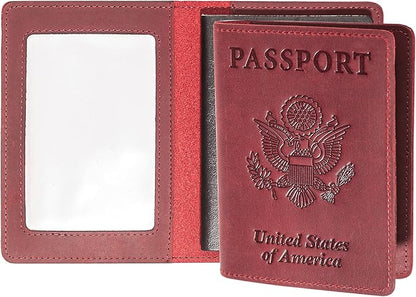 RFID-Blocking Genuine Leather Passport Holder - Travel Document Organizer Wallet for Men & Women, Durable Slim Travel Accessories with Card Slots (Wine Red)