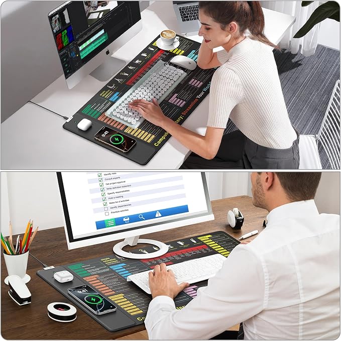 Excel Cheat Sheet Mouse Pad with Magnetic Wireless Charger, 31.5"x15.8" Extended Excel Shortcuts Desk Pad, Waterproof Ultra-Smooth Keyboard Mat, Non-Slip Base