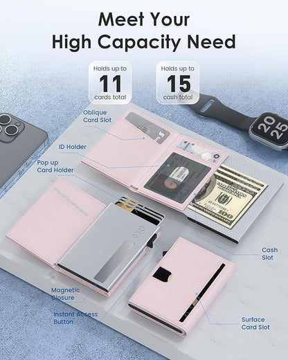 QLD RFID Wallet Women - Small Slim Trifold Wallet Anti-Theft Pop up Card Holder, Minimalist, Ultra Thin, Front Pocket, Premium Leather, 9-11 Cards Capacity | ID Window | Cash Slot