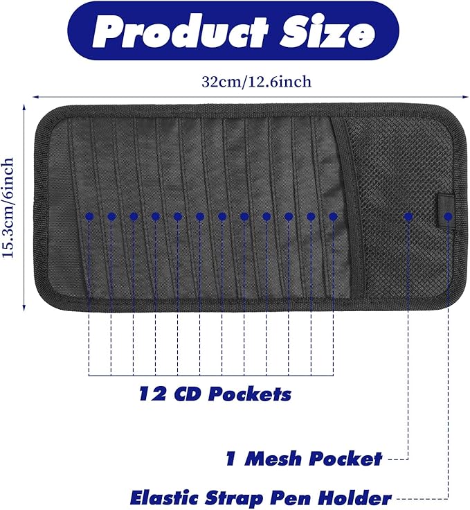 Car CD Holder DVD Vehicle Visor Storage Organizer Black Large Capacity CD Visor Case with 12 DVD Storage Sleeves, 1 Mesh Pocket, 1 Pen Loop & Elastic Strap