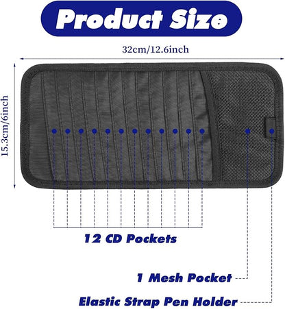 Car CD Holder DVD Vehicle Visor Storage Organizer Black Large Capacity CD Visor Case with 12 DVD Storage Sleeves, 1 Mesh Pocket, 1 Pen Loop & Elastic Strap