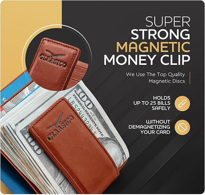 Claasico Men’s Leather Money Clip Wallet – Slim Front Pocket Wallet w/Super Strong Magnetic Clip, RFID Blocking, 5 Card Slots & Center Pocket + ID Window