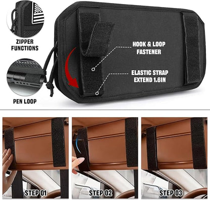 Molle Visor Organizer For Car, 1000d Polyester Tactical Panel With Double Zipper Multi-Pockets & Glasses Clip And 3 Replaceable Velcro, Semi-Rigid Molle Panel, Perfect For Pickup Trucks Suv、 Sedan