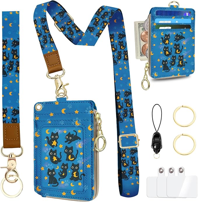 Black Cat Lanyard Wallet with Id Badge Holder, RFID Small Keychain Wallet Women Wristlet, Pu Leather Zipper Credit Card Holder Phone Wrist Neck Strap for Key Name Tag, Teacher Office Gifts