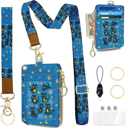 Black Cat Lanyard Wallet with Id Badge Holder, RFID Small Keychain Wallet Women Wristlet, Pu Leather Zipper Credit Card Holder Phone Wrist Neck Strap for Key Name Tag, Teacher Office Gifts