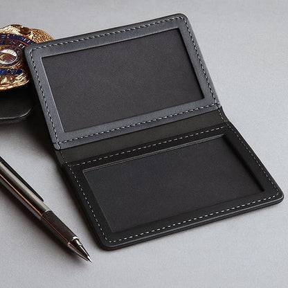 Leather Bifold Minimalist Double ID Card Credential Holder (Basketweave Black)