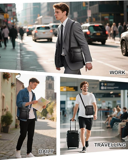 Leathario Men's Crossbody Shoulder Bag, Genuine Leather Small Messenger Satchel for Work Business Travel, Black Side Purse