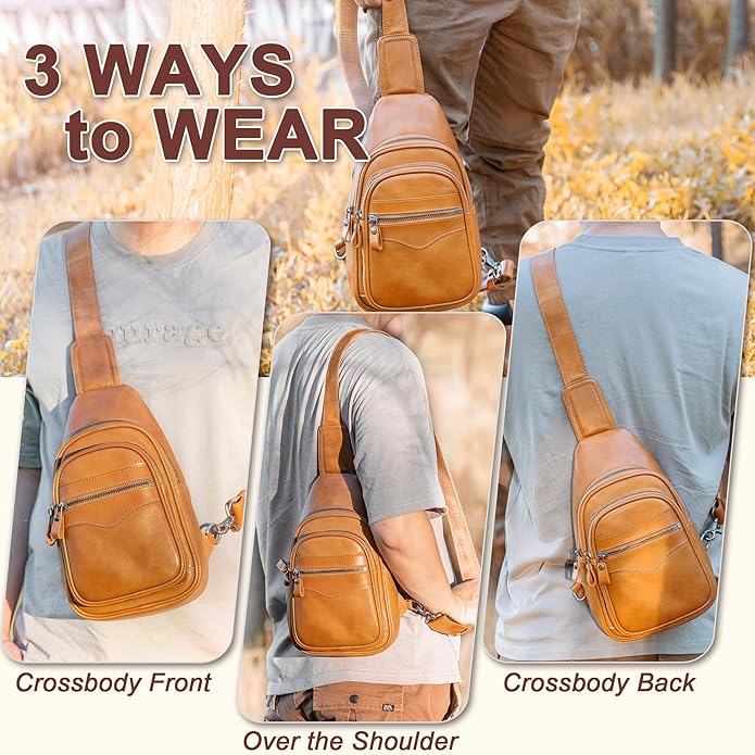 Genuine Leather Sling Bag for Men and Women Crossbody Shoulder Bag Sling Backpack Chest Purse Carry on Casual Daypack | Genuine Leather, Shoulder Bag, Carry on, Casual, Daypack