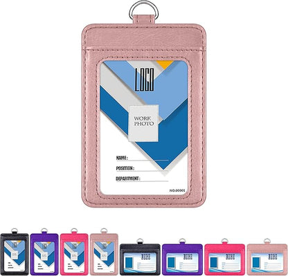 Badge Holder, Wisdompro 2-Sided PU Leather ID Badge Card Holder Wallet Case with 1 Clear ID Window and 1 Credit Card Slot and 22 Inch Quick Rlease Detachable Neck Lanyard Strap-Rose Gold (Vertical)