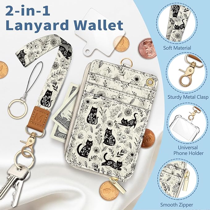 Lanyard Wallet with Id Badge Holder, Cat RFID Small Keychain Wallet Women Wristlet, Floral Boho Zipper Credit Card Holder Phone Wrist Neck Strap for Key Name Tag, Teacher Student Office Gifts