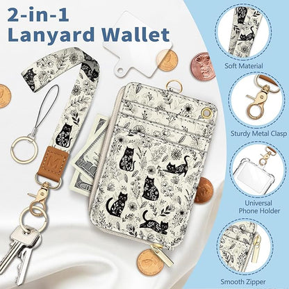 Lanyard Wallet with Id Badge Holder, Cat RFID Small Keychain Wallet Women Wristlet, Floral Boho Zipper Credit Card Holder Phone Wrist Neck Strap for Key Name Tag, Teacher Student Office Gifts