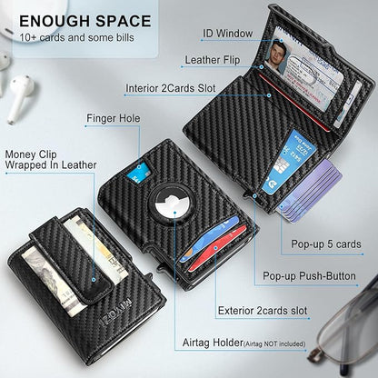 miyozi Airtag Wallet for Men,with Money Clip 10 Cards Metal Case Smart Slim Pop Up Credit Card Holder Flip with Magnetic Closure RFID Blocking wallet with Gift Box