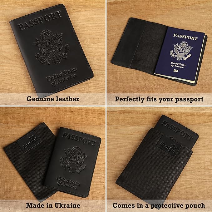Shvigel US Leather Passport Book Cover - Thin American Travel Passport Holder - Premium International USA Passport Protector Case for Women Men (Black Vintage New)