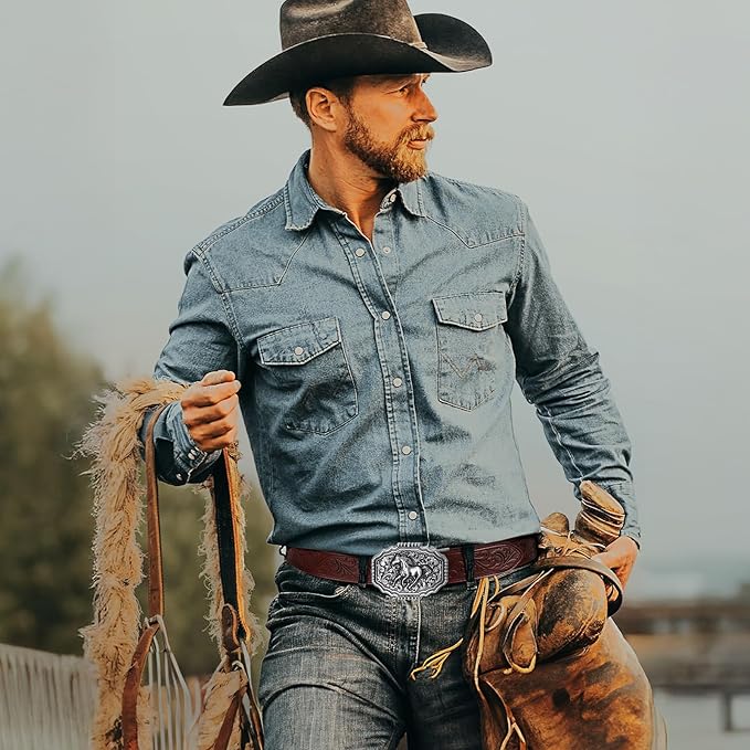 SANSTHS Western Cowboy Ratchet Belts for Men Women Leather Cowboy Belt with Automatic Western Buckle for Jeans Gifts