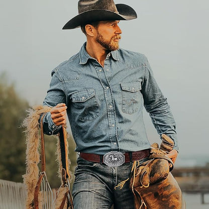 SANSTHS Western Cowboy Ratchet Belts for Men Women Leather Cowboy Belt with Automatic Western Buckle for Jeans Gifts