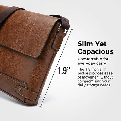 Vintage PU Leather Mens Messenger Bag - Slim Crossbody Shoulder Bag for Work, Travel & Daily Commute Casual Tablet Satchel