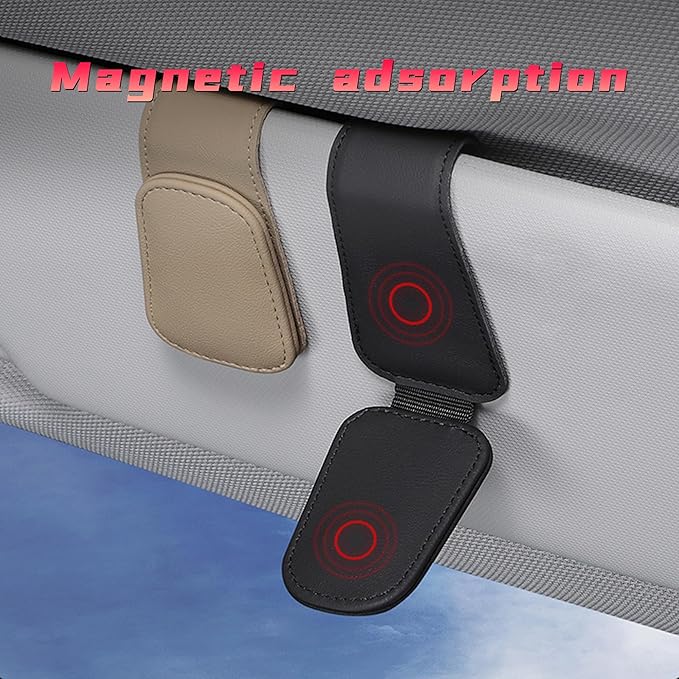 2PCS Sunglasses Holders for Car Sun Visor, Leather Eyeglasses Hanger Mounter, Magnetic Glasses Holder and Ticket Card Clip, Universal Auto Interior Accessories (Gray, 1PCS)