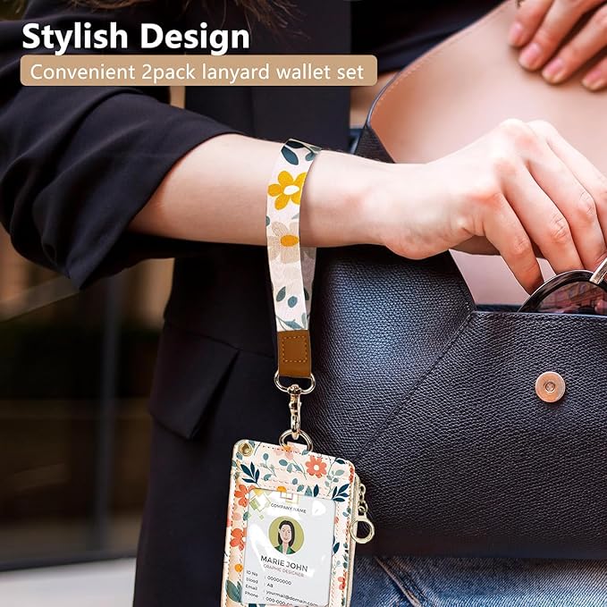 2-in-1 Cute Lanyard Wallet & ID Badge Holder for Women, Leather ID Name Badge Card Holder with Zip ID Case Breakaway Wristlet & Neck Lanyard for Offices, Teacher, Students, Employees (Florals)