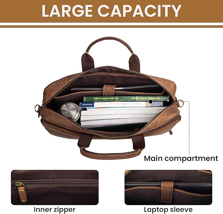 Full Grain Leather Messenger Bag for Men, 16” Briefcase Laptop Satchel Vintage Professional Office Work & Travel Bag