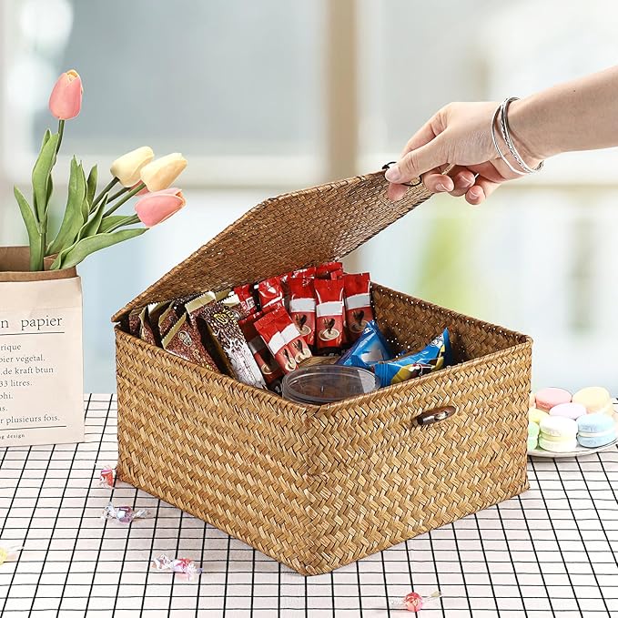 Hipiwe Handwoven Seagrass Basket Bin Square Household Storage Container with Lid Wicker Shelf Basket Bin for Bookshelf Living Room Bath Room, Large Caramel