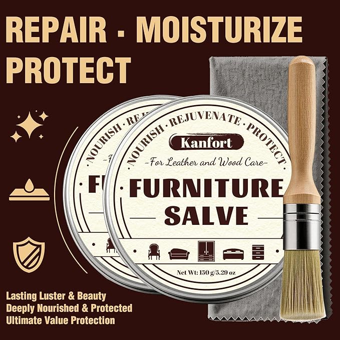Leather & Furniture Repair Salve 2 Pack, Furniture Salve with Brush for Leather Wood, Leather Conditioner Help Prevent Cracking or Fading