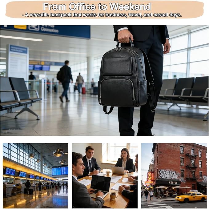 Genuine Leather 15.6 Inch Laptop Backpack for Men, Multi Pocket Casual Daypack Shoulder Bag for Business Travel Outdoor, Black