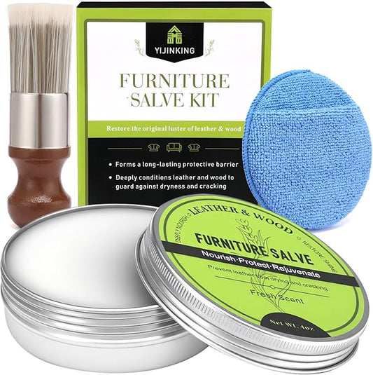 Furniture Salve for Leather & Wood - Polish, Restore & Protect, Vinyl & Wood Surfaces | Leather Conditioner & Repair Salve with Applicator Brush | All-in-One Furniture Polish & Moisturizer 4oz