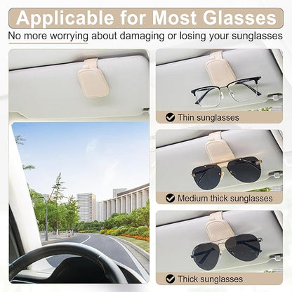 SINGARO Sunglasses Holder for Car, Leather Magnetic Buckle Sun Visor Sunglass Clip, Ticket Card Storage Glasses Clip, Car Interior Accessories for Men and Women（Beige）