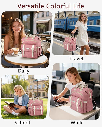 FALANKO Backpack for Women,Wide Open Work Large Student Bookbag for 15.6 Inch Laptop,Doctor Teacher Nurse College School Travel Bag,Water Resistant Laptop Bookbag Computer Back Pack Pink