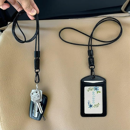 Lanyard, Leather Neck Lanyard for keys- Office Black ID Badges Lanyard Keychain with Metal Clasp for Card Holder, Car Keys, Wallet, USB, Phone