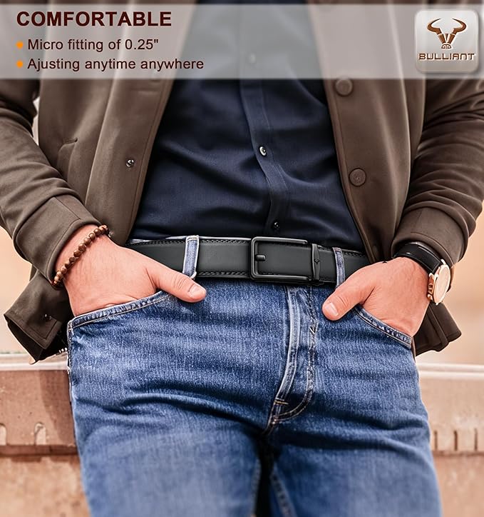 BULLIANT Men Ratchet Belt 2 Pack, Click Sliding Leather Belt Adjustable for Gift Men Dress Casual Jeans 1 3/8,Cut for Fit