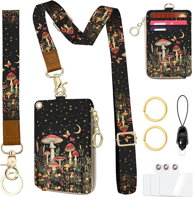Lanyard Wallet with ID Badge Holder, Mushroom Butterfly Lanyard with ID Holder Zipper, RFID Card Holder for Women, Detachable Neck Lanyard Wrist Strap with Keychain for Nurse Doctor Teacher Gifts