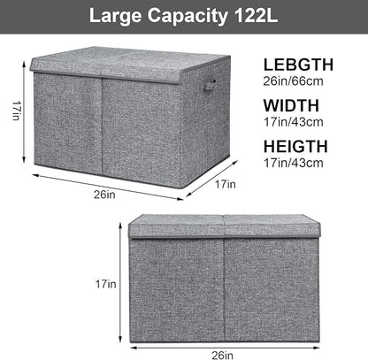 122L Large Toy Chest Box with Lid, Foldable Toy Storage Organizer Bin Boxes with Removable Divider for Kids, Boys, Girls, Nursery, Playroom, 26"x17" x17"(Linen Gray)