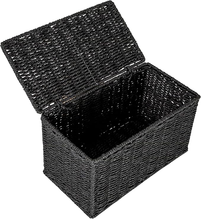 Household Essentials Small Handwoven Paper Rope Wicker Basket with Lid, Black