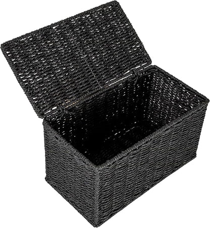 Household Essentials Small Handwoven Paper Rope Wicker Basket with Lid, Black
