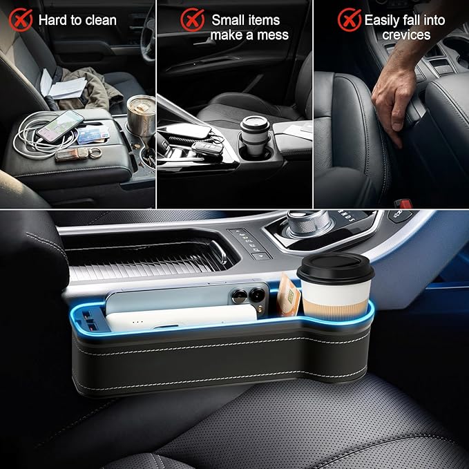 2 Pack Car Seat Gap Plug Storage Slot with USB Charger Upgrade LED Car Seat Gap Filler Organizer Box with Cup Holder Card Slot Larger Storage Space Reducing Item Loss